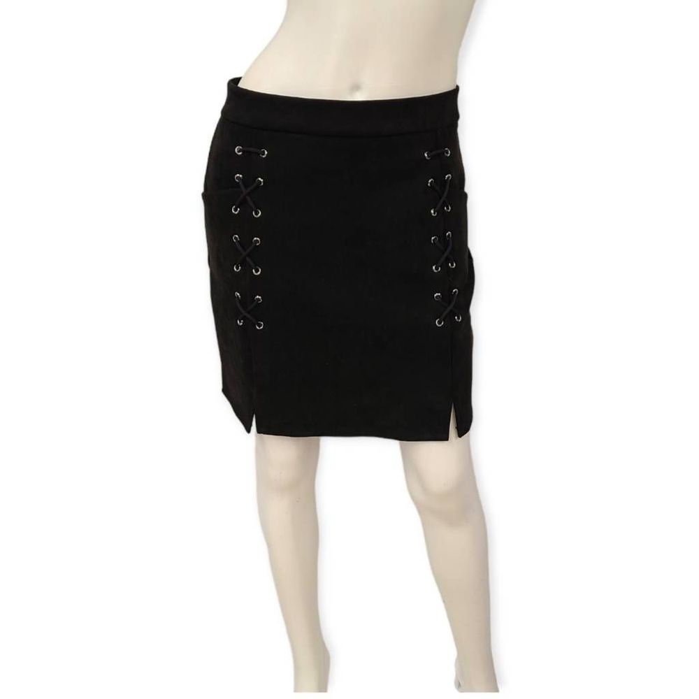 Black Faux Suede Lace Up Mini Skirt XL - Picture 3 of 9